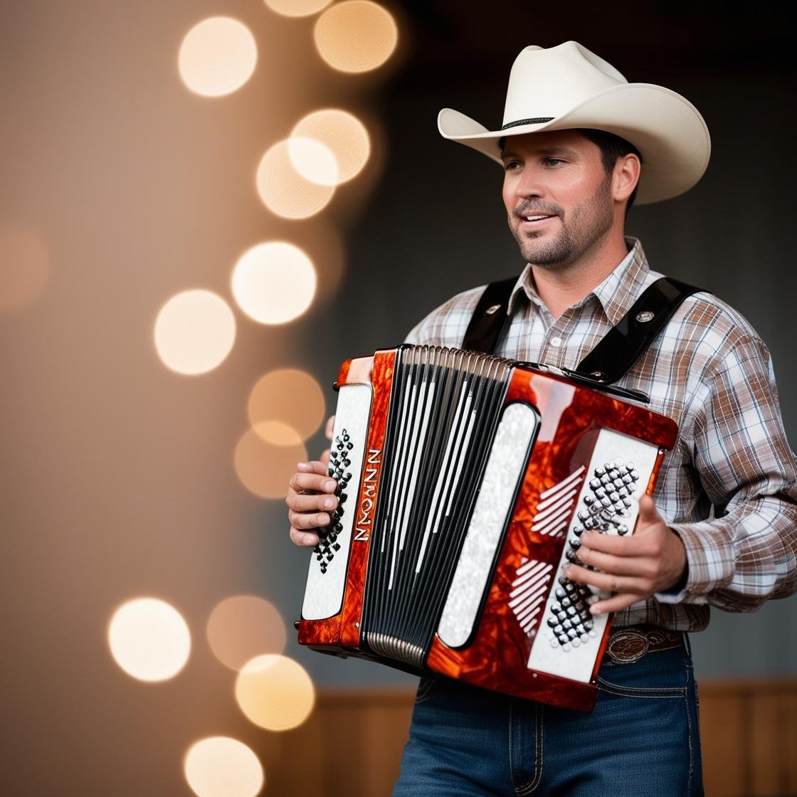 dame un acordeon de norteño en fondo medio oscuro y que lo este tocando un chavo con sombrero de vaquero y vestido con camisa de cuadros y pantalon mezclila como vaquero